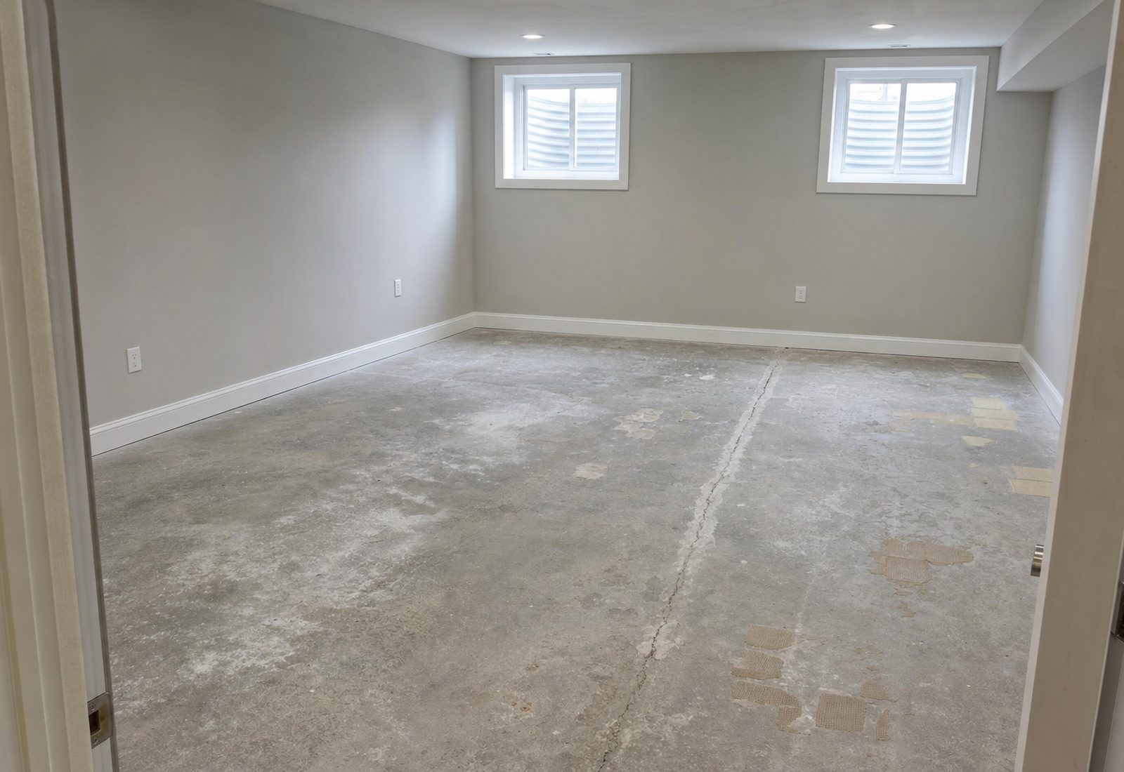 Bare basement concrete slab before coating, dull and patchy with efflorescence and old adhesive residue