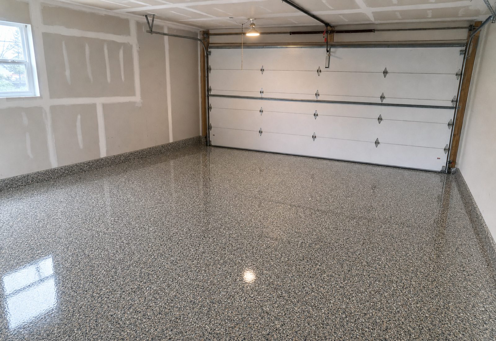 The same garage after installation, finished with a charcoal and tan flake epoxy floor and gloss topcoat